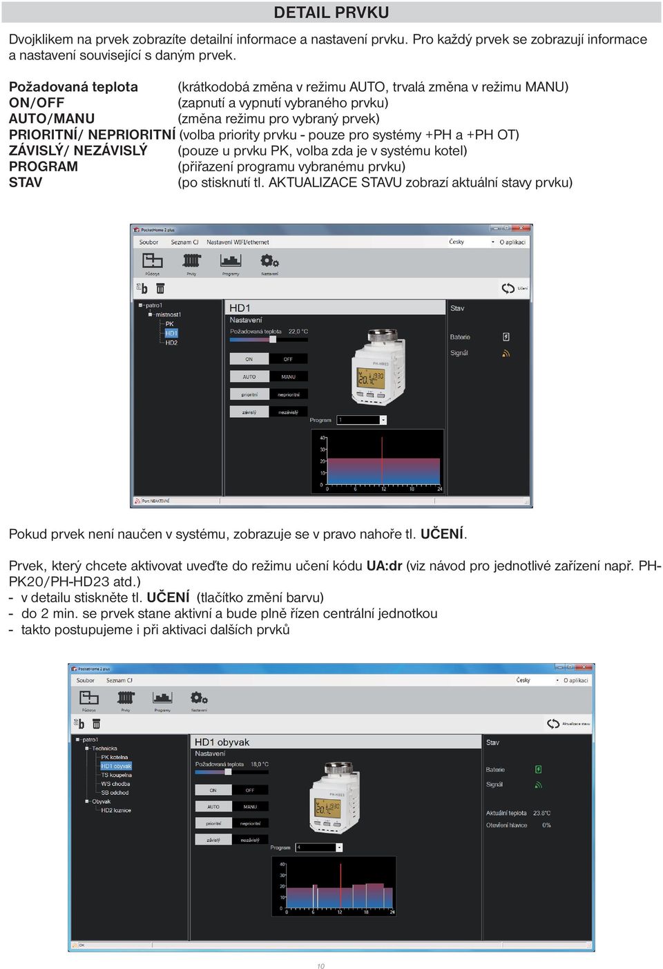 priority prvku - pouze pro systémy +PH a +PH OT) ZÁVISLÝ/ NEZÁVISLÝ (pouze u prvku PK, volba zda je v systému kotel) PROGRAM (přiřazení programu vybranému prvku) STAV (po stisknutí tl.