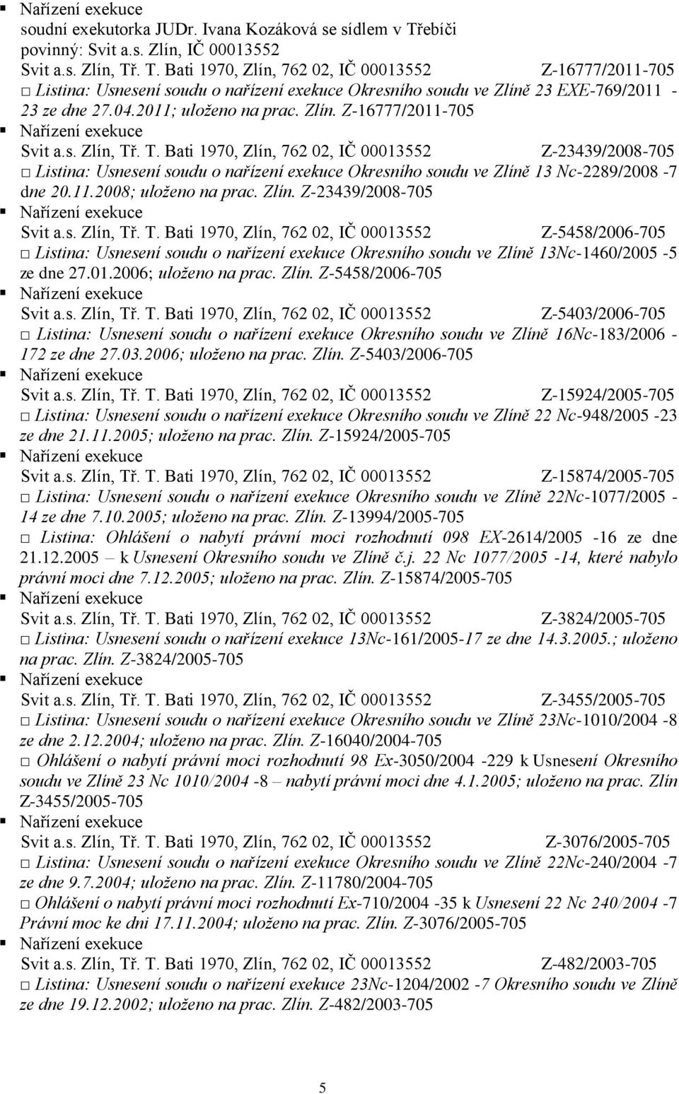 01.2006; uloženo na prac. Zlín. Z-5458/2006-705 Z-5403/2006-705 Listina: Usnesení soudu o nařízení exekuce Okresního soudu ve Zlíně 16Nc-183/2006-172 ze dne 27.03.2006; uloženo na prac. Zlín. Z-5403/2006-705 Z-15924/2005-705 Listina: Usnesení soudu o nařízení exekuce Okresního soudu ve Zlíně 22 Nc-948/2005-23 ze dne 21.