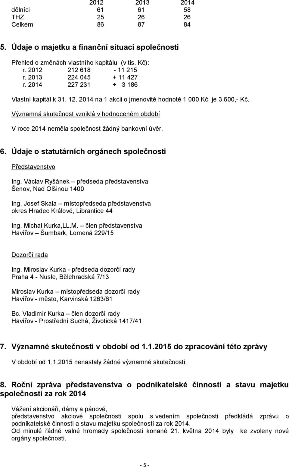 Významná skutečnost vzniklá v hodnoceném období V roce 2014 neměla společnost žádný bankovní úvěr. 6. Údaje o statutárních orgánech společnosti Představenstvo Ing.