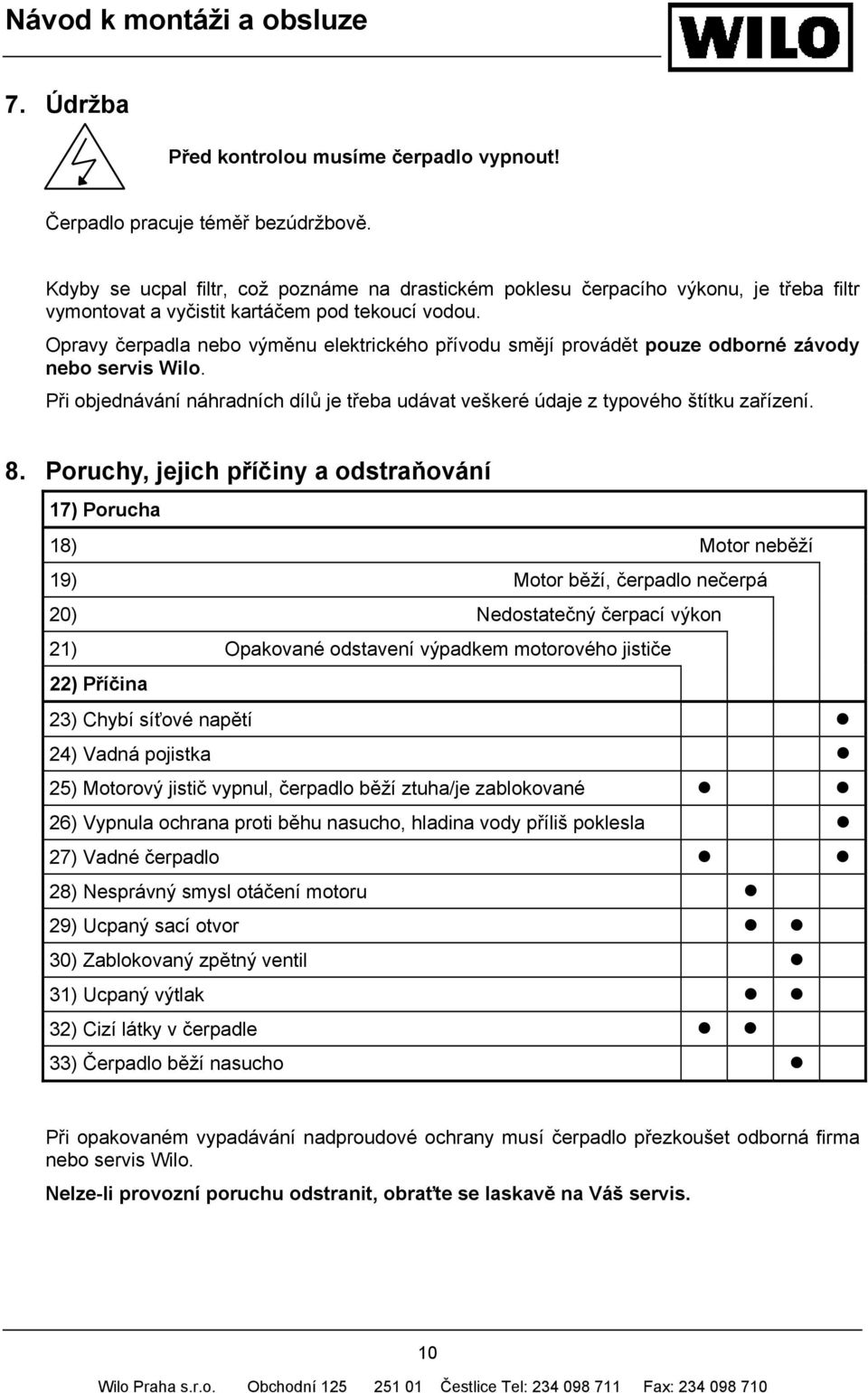 Opravy čerpadla nebo výměnu elektrického přívodu smějí provádět pouze odborné závody nebo servis Wilo. Při objednávání náhradních dílů je třeba udávat veškeré údaje z typového štítku zařízení. 8.