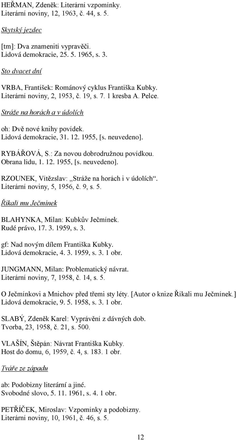 Lidová demokracie, 31. 12. 1955, [s. neuvedeno]. RYBÁŘOVÁ, S.: Za novou dobrodružnou povídkou. Obrana lidu, 1. 12. 1955, [s. neuvedeno]. RZOUNEK, Vítězslav: Stráže na horách i v údolích.