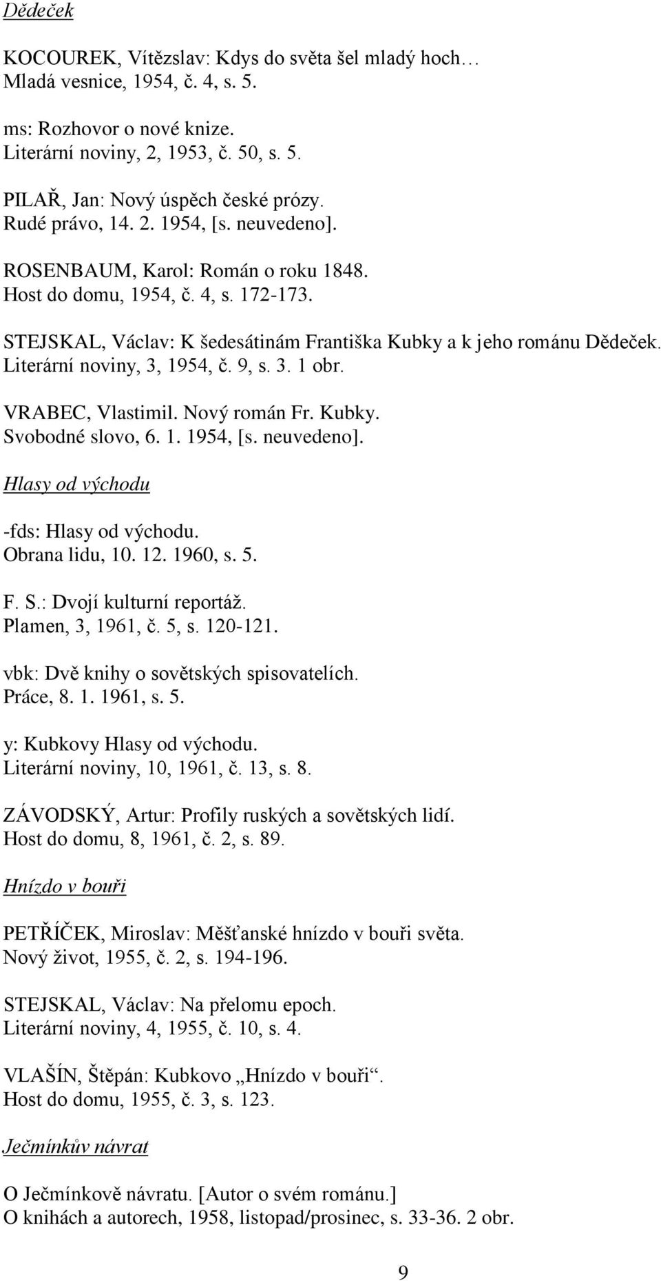 Literární noviny, 3, 1954, č. 9, s. 3. 1 obr. VRABEC, Vlastimil. Nový román Fr. Kubky. Svobodné slovo, 6. 1. 1954, [s. neuvedeno]. Hlasy od východu -fds: Hlasy od východu. Obrana lidu, 10. 12.