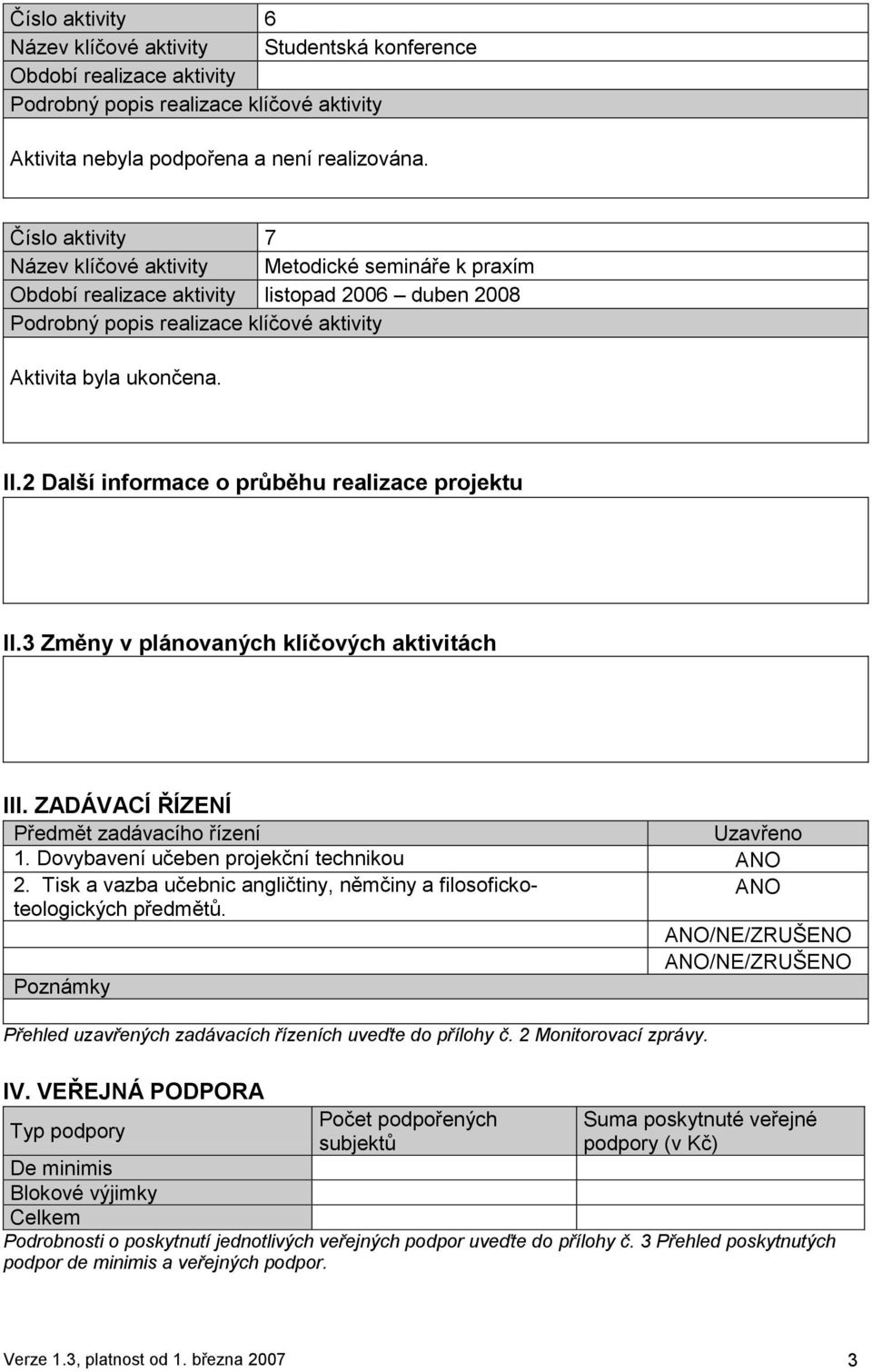 3 Změny v plánovaných klíčových aktivitách III. ZADÁVACÍ ŘÍZENÍ Předmět zadávacího řízení Uzavřeno 1. Dovybavení učeben projekční technikou ANO 2.