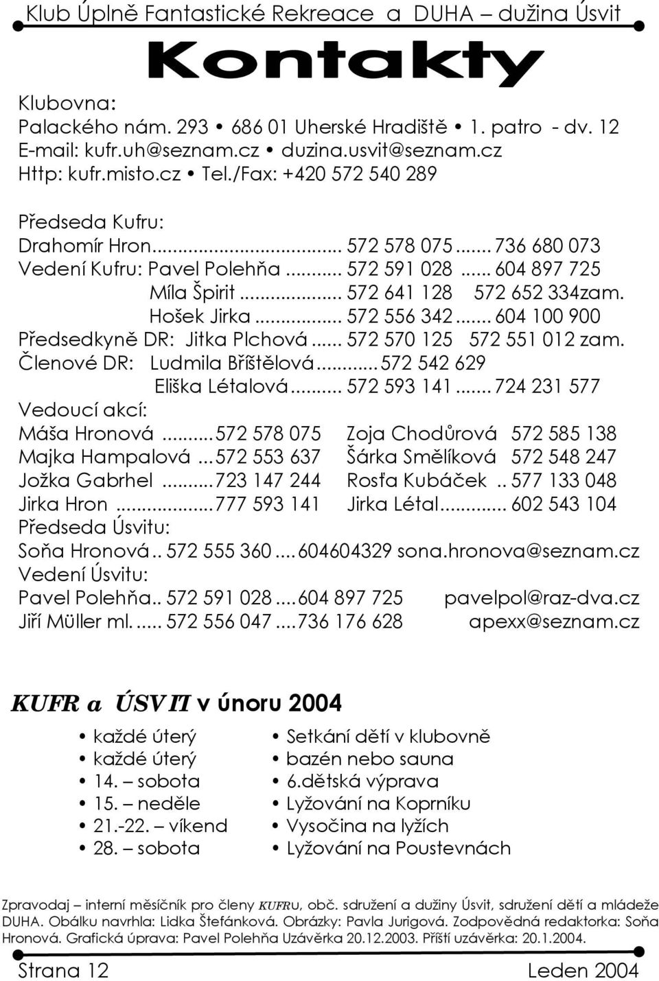 .. 604 100 900 Předsedkyně DR: Jitka Plchová... 572 570 125 572 551 012 zam. Členové DR: Ludmila Bříštělová...572 542 629 Eliška Létalová... 572 593 141... 724 231 577 Vedoucí akcí: Máša Hronová.