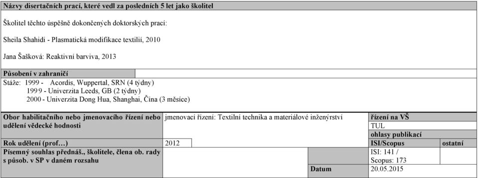 Shanghai, Čína (3 měsíce) Obor habilitačního nebo jmenovacího řízení nebo jmenovací řízení: Textilní technika a materiálové inženýrství řízení na VŠ udělení vědecké hodnosti TUL