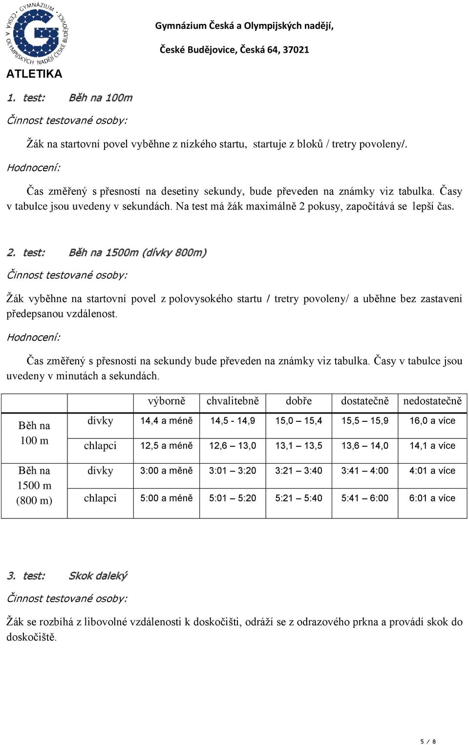 pokusy, započítává se lepší čas. 2. test: Běh na 1500m (dívky 800m) Žák vyběhne na startovní povel z polovysokého startu / tretry povoleny/ a uběhne bez zastavení předepsanou vzdálenost.