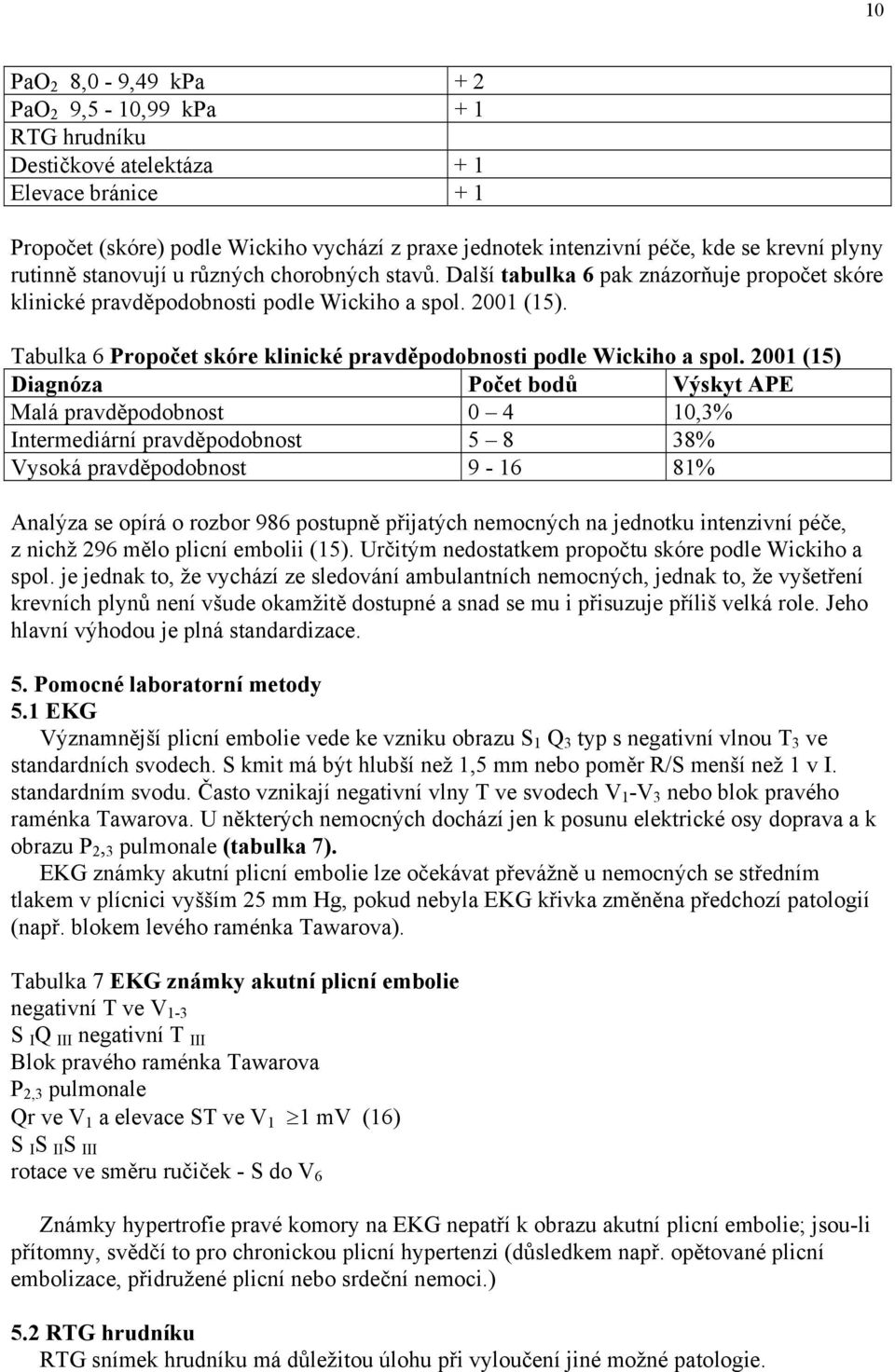 Tabulka 6 Propočet skóre klinické pravděpodobnosti podle Wickiho a spol.
