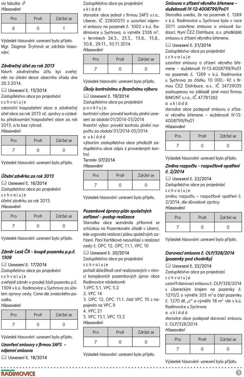 16/2014 účetní závěrku za rok 2013. Záměr Lesů ČR koupě pozemku p.p.č. 1309 Usnesení č. 17/2014 zveřejnit záměr o prodeji části pozemku p.č. 1309 v k.ú. Radimovice u Sychrova za účelem opravy cesty.