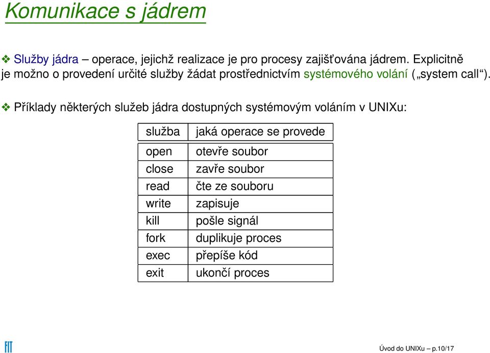 Příklady některých služeb jádra dostupných systémovým voláním v UNIXu: služba open close read write kill fork exec