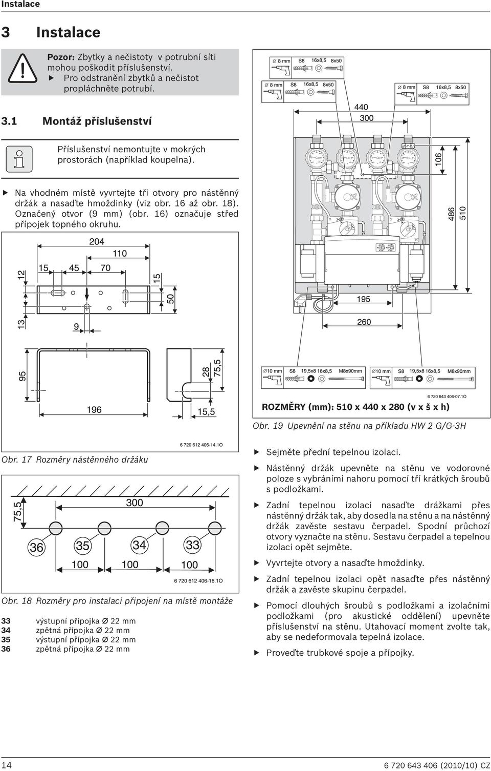 ROZMĚRY (mm): 510 x 440 x 280 (v x š x h) Obr. 19 Upevnění na stěnu na příkladu HW 2 G/G-3H Obr. 17 Rozměry nástěnného držáku Obr.