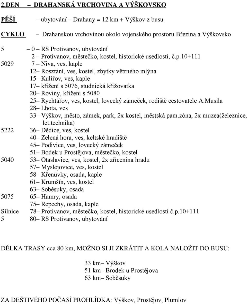 10+111 5029 7 Niva, ves, kaple 12 Rosztání, ves, kostel, zbytky větrného mlýna 15 Kulířov, ves, kaple 17 křížení s 5076, studnická křižovatka 20 Roviny, křížení s 5080 25 Rychtářov, ves, kostel,