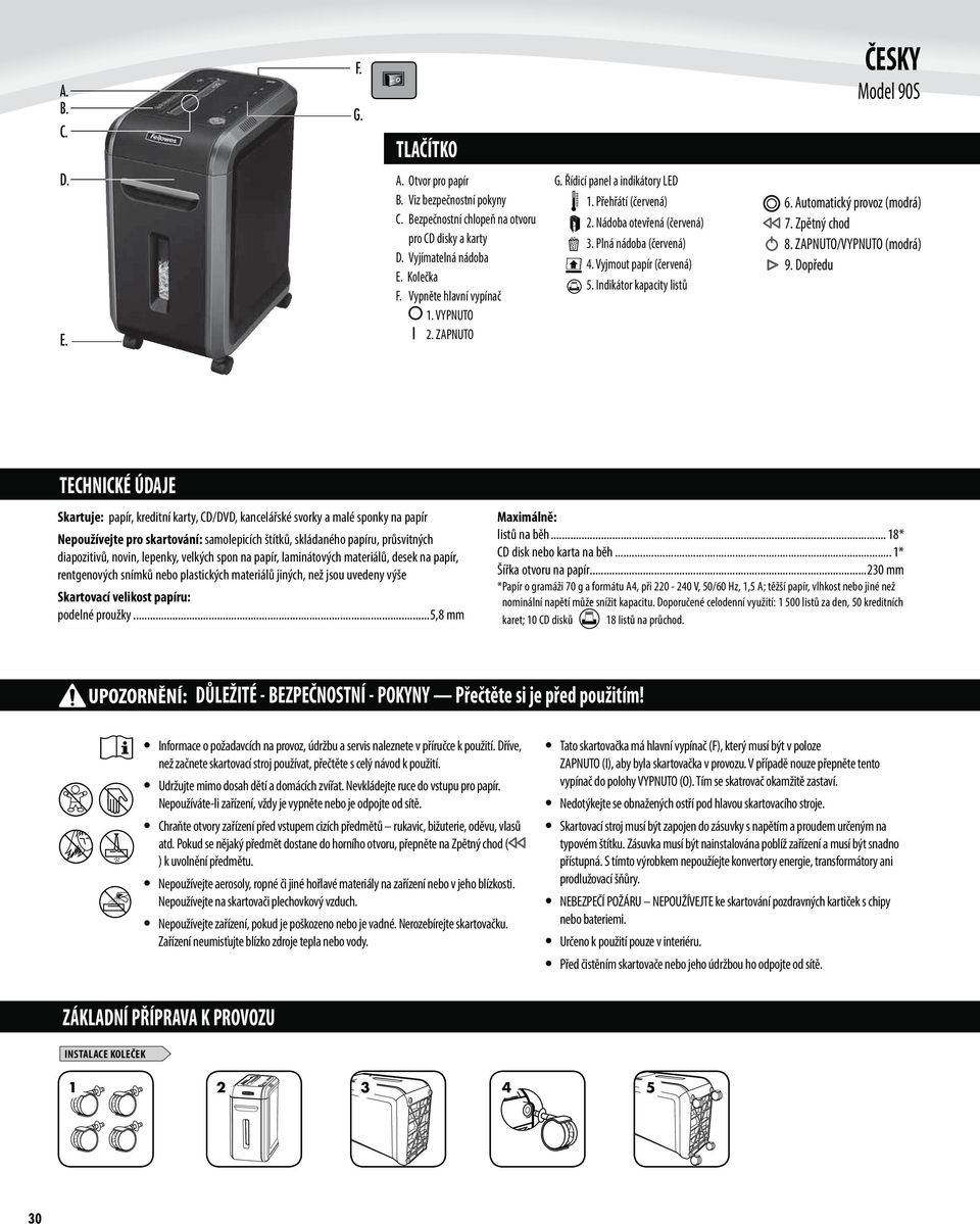 Indikátor kapacity listů 6. Automatický provoz (modrá) 7. Zpětný chod 8. ZAPNUTO/VYPNUTO (modrá) 9.