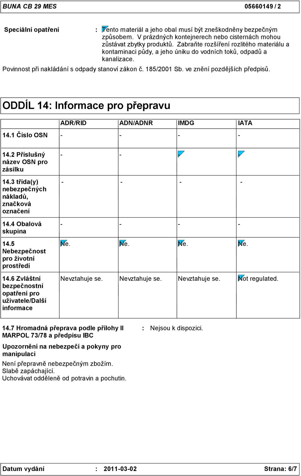 ve znění pozdějších předpisů. ODDÍL 14 Informace pro přepravu ADR/RID ADN/ADNR IMDG IATA 14.1 Číslo OSN 14.2 Příslušný název OSN pro zásilku 14.3 třída(y) nebezpečných nákladů, značková označení 14.