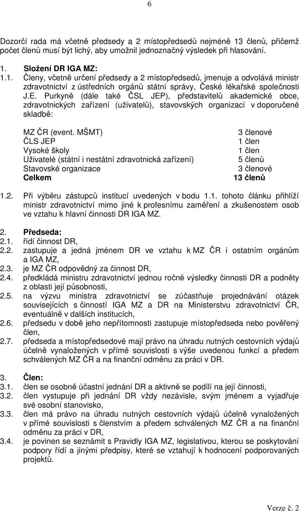 Složení DR IGA MZ: 1.1. Členy, včetně určení předsedy a 2 místopředsedů, jmenuje a odvolává ministr zdravotnictví z ústředních orgánů státní správy, České lékařské společnosti J.E.