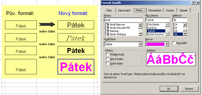 5 Formátování buněk (skupiny buněk) Formátovat písmo - postup: myší označíme buňku nebo skupinu (pole) buněk, kde chceme vytvořit nebo změnit formát a použijeme příkaz Formát/Buňky na horní záložce