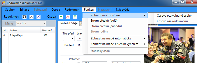 Funkce časová osa Pokud je založen rodokmen a například je i vybrána osoba, může být použita jedna z možností z nabídky funkce a podnabídky