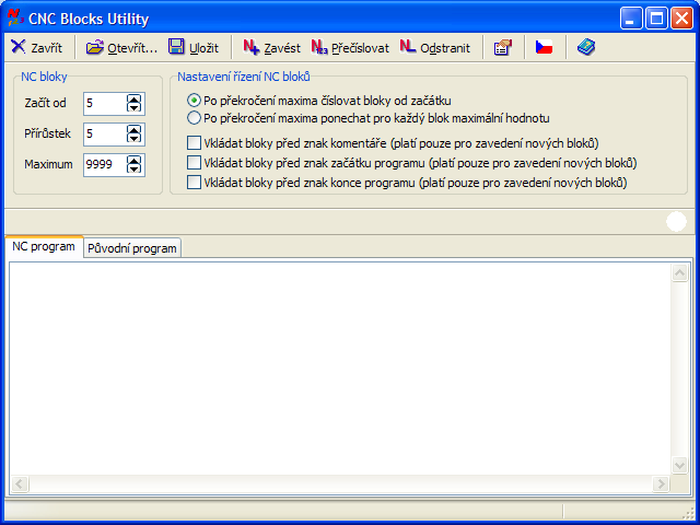 Popis CNC Blocks Utility je jednoduchá aplikace, která slouží pro rychlé vkládání, přečíslování a mazání CNC bloků v NC programu. Aplikaci lze lokalizovat do různých jazyků.