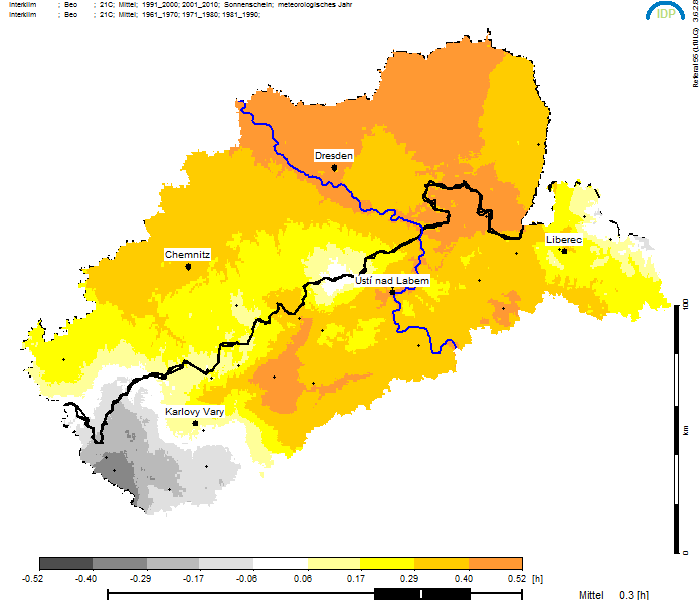 Sonnenscheindauer [h/d] Výsledky: Doba slunečního svitu Změna 1991-2010 v porovnání s 1961-1990: - Nárůst v průměru o 0,3 hodin - Především na