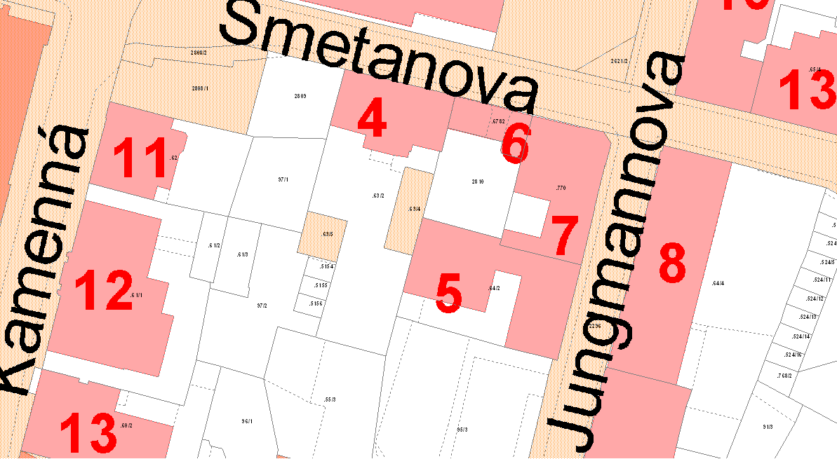 předmět prodeje - garáže (nebyt.jedn. č. 1, 3 a 4) na st.p.č. 63/4 pozemky ve vlastnictví st.