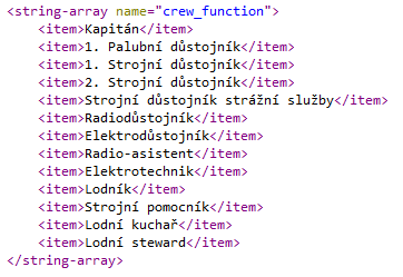 3.10 Texty s využitím String-array Většina textů z aplikace je uložena v složce res/values/, v souboru strings.xml. Ukládání textu do souborů XML má velkou výhodu při využívání více cizích jazyků.