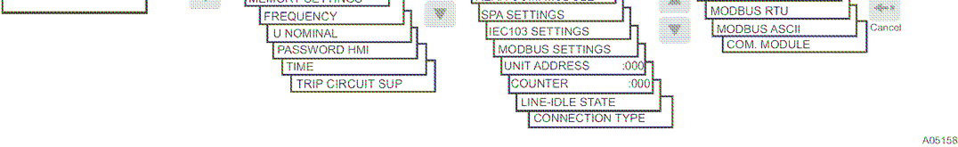 REU 610 Napěťová ochrana Volbu komunikačního protokolu zadního rozhraní proveďte následujícím způsobem: 1. Pro vstup do hlavního menu stiskněte tlačítko označené šipkou. 2.