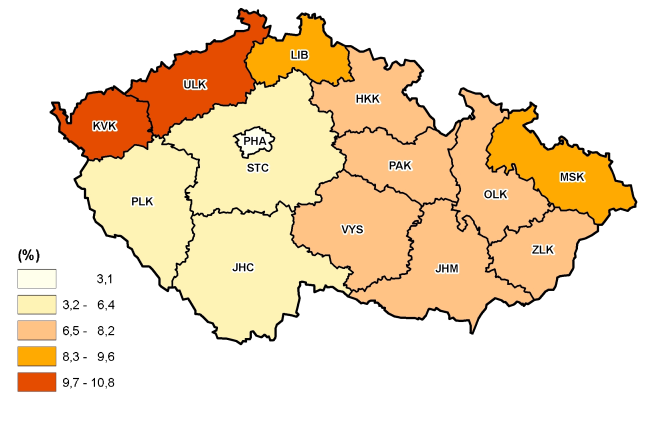 Míra nezaměstnanosti 15-64letých osob v krajích ČR, 2012, v % Vyjadřuje podíl nezaměstnaných na pracovní síle ve věku 15-64 let Zdroj: ČSÚ-VŠPS Míra ekonomické