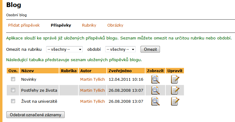 4 SPRÁVA BLOGŮ perex, obsah nemusí být uveden. Kliknutím na tlačítko Náhled se příspěvek zobrazí tak, jak jej uvidí ostatní uživatelé.