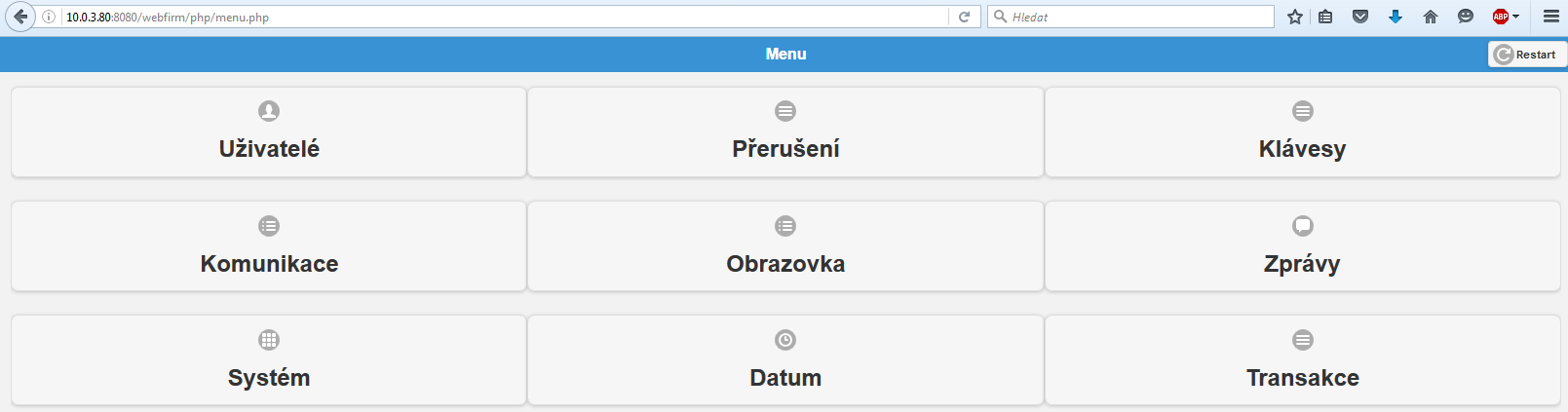 Web Visitor 5. Terminál - nastavení 5.1 Obrazovka nastavení terminálu 5.1.1 Lokálně na terminálu Na displeji terminálu vstupte do Nastavení Poznámka: Pro vstup do menu není nutná autorizace.