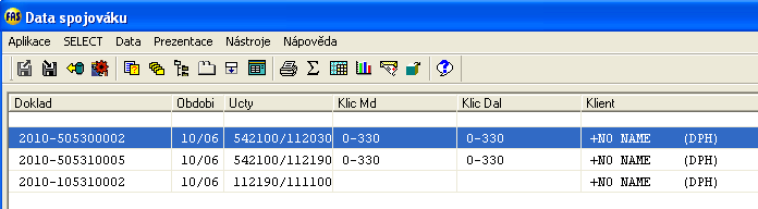 14 Modul Zásoby a účetnictví ve WinFASu Příloha č.3 - Převod zásob do účetnictví *1020 Převod zásob do účetnictví provádíme pomocí aplikace *1020 Spojováky. Vybereme spojovák ze zásob a stiskneme tl.