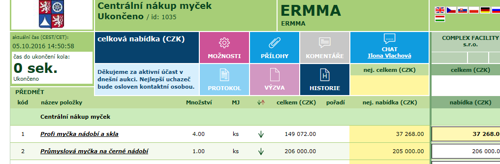 Aukční kolo Centrální nákup myček 02. 09.