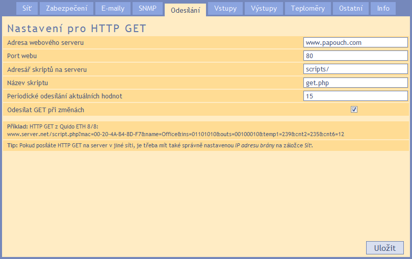 Quido ETH 3/0B O d e s í l á n í Parametry pro automatické odesílání aktuálních hodnot na server HTTP protokolem.