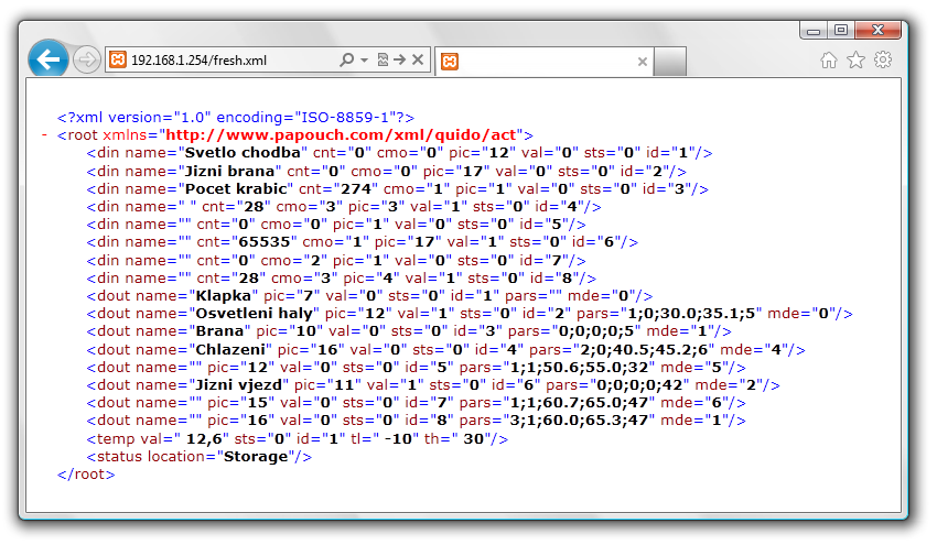 XML SOUBOR Z Quida je možné získat aktuální hodnoty v textovém souboru ve formátu XML. Soubor je přístupný na adrese http://[ip_adresa]/fresh.xml tedy například na http://192.168.1.254/fresh.