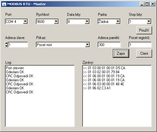 MODBUS RTU Master Program, který jsem vytvořil využívá knihovnu vytvořenou v rámci tohoto projektu a umožňuje odeslat požadavek a přijmout odpověď.