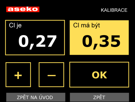 Dotykem příslušného políčka zaškrtneme krytý nebo nekrytý bazén průměrnou provozní teplotu vody a z pole ZPĚT se vrátíme k nastavení požadované koncentrace chloru: Vrátíme se do menu NASTAVENÍ a