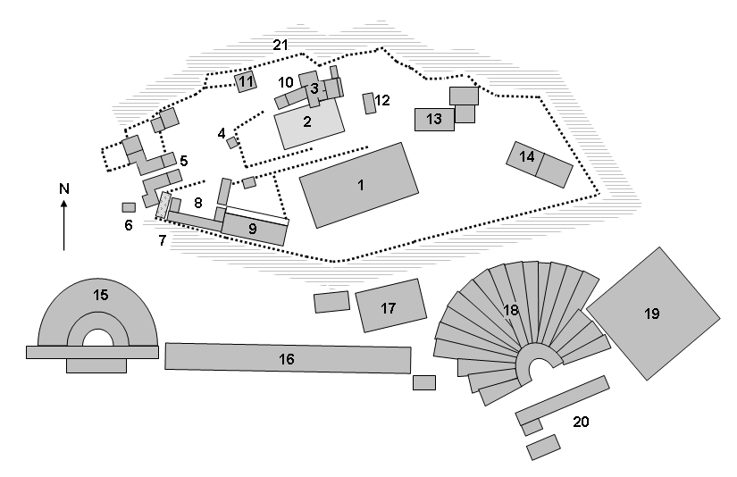 Hlavní vstup na Akropoli vede od západu po schodech do Propylejí (5), členité vstupní budovy se sloupy a pěti branami Hned za nimi se nachází socha bohyně Athény (4) Při jižní hraně plošiny je