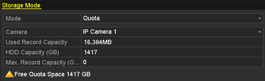 12.4 Konfigurace režimu Kvóta Účel: Každou kameru lze nakonfigurovat s přidělenou kvótou pro ukládání nahraných souborů. 1. Vstupte do rozhraní režimu úložiště.