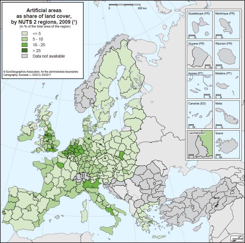 Obr. 1 Podíl zastavěných a ostatních ploch na celkové rozloze území, mezinárodní srovnání, 2009 Zdroj: Eurostat ČR je zemí s vysokým podílem orné půdy na celkové rozloze státu (38 %, 5.