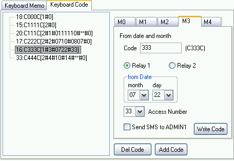 M2 Po navolení kódu relé sepne pouze v rozmezí mezi nastavenými daty (včetně). Použití kódu může být oznámeno odesláním SMS zprávy s datem, časem a použitým kódem.