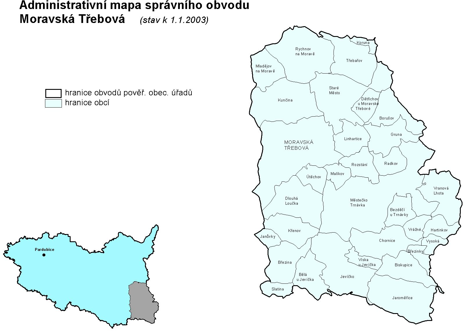 Správní obvod Moravská Třebová tvoří jihovýchodní výběžek Pardubického kraje. Svojí východní částí hraničí s obcemi Olomouckého kraje, na jihu je obklopen obcemi kraje Jihomoravského.