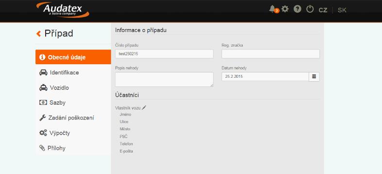 Přidělte název/číslo případu a po kliknutí na tlačítko Přijmout se Vám zobrazí Hlavní