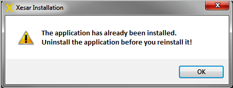 Obrázek 36: Instalace systému Xesar Upozorně ní: Pokud provádíte instalaci vašeho softwaru Xesar, ale aplikace nebyla odinstalována, nelze software nainstalovat (Obrázek 37: Chybové hlášení /