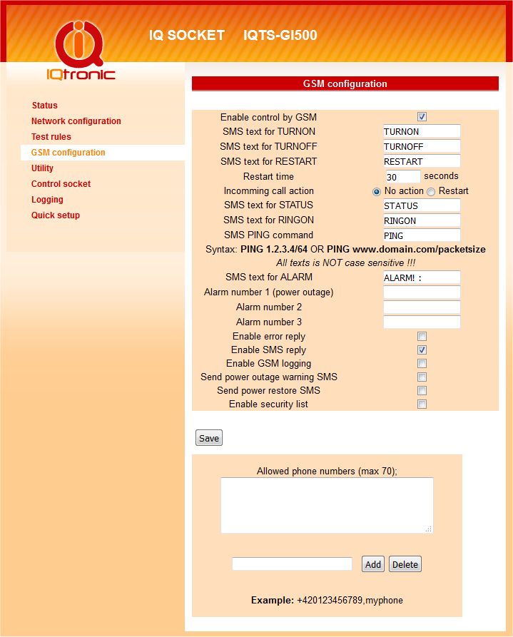 5. GSM configurations Enable driving by GSM povolení GSM adaptéru SMS text for TURNON uživatelský text SMS pro zapnutí výstupní zásuvky SMS text for TURNOFF uživatelský text SMS pro vypnutí výstupní