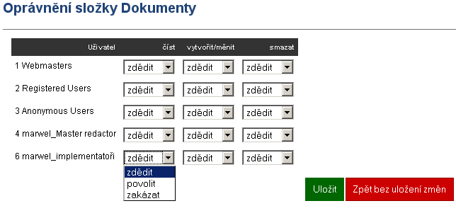 Oprávnění složky/souboru lze nastavit pro části: číst vytvořit/změnit smazat U každé z těchto části a pro každou skupinu uživatelů je možné nastavit oprávnění: zdědit Dědičnost je výchozí stav