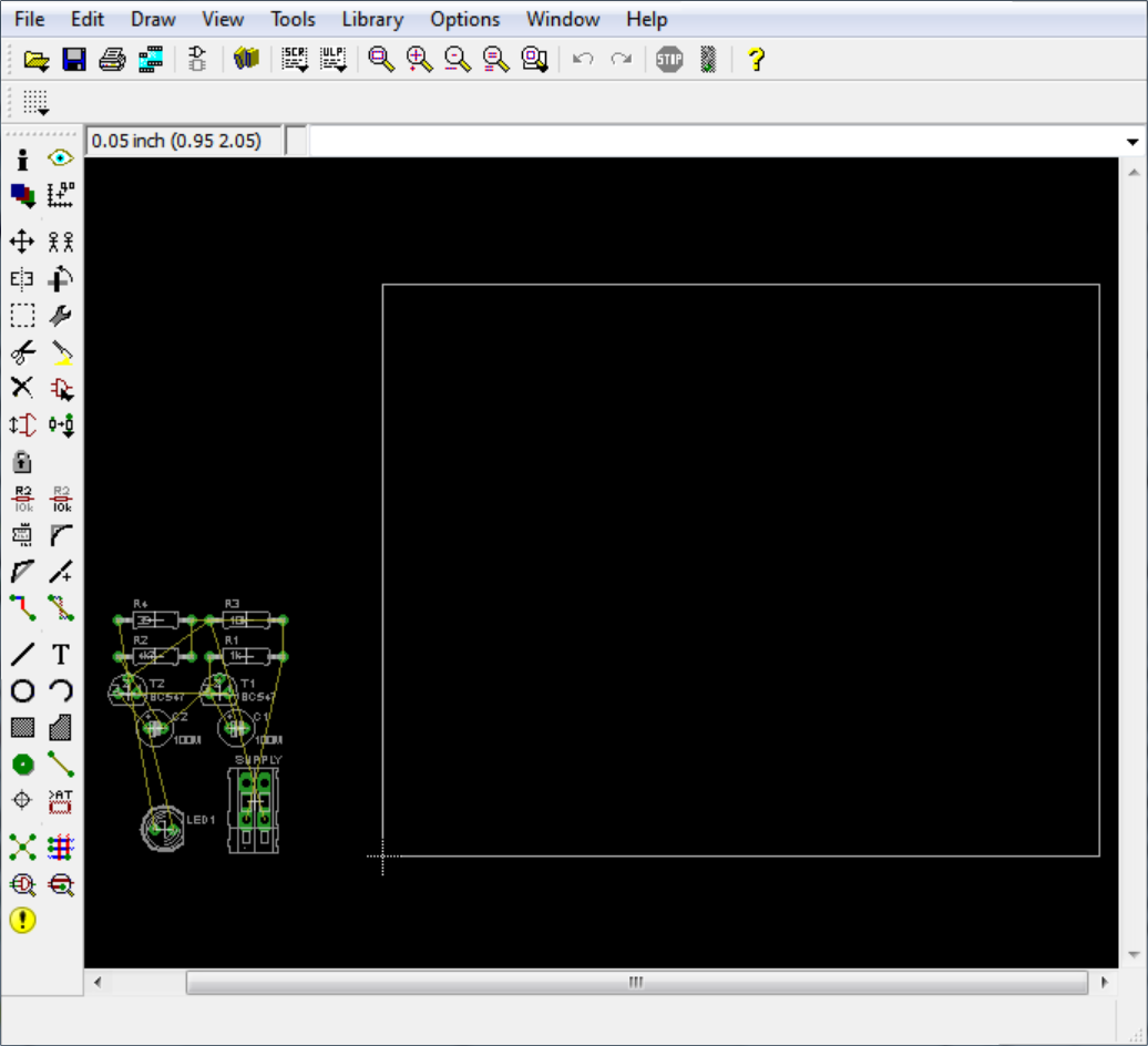 3. Editor plošných spojů V okně editoru plošných spojů se vytvořila deska o rozměrech 100x80 mm. To je maximální rozměr desky pro free verzi programu.