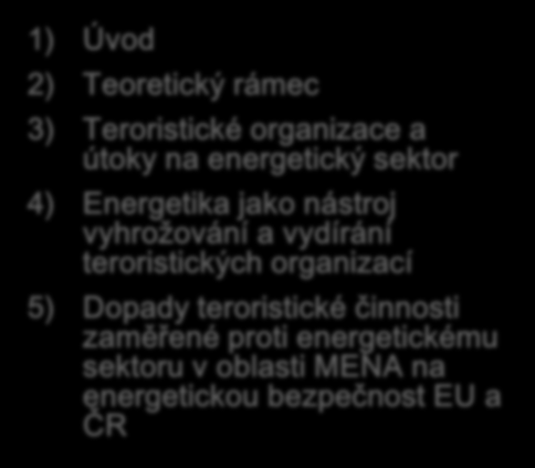 Osnova 1) Úvod 2) Teoretický rámec 3) Teroristické a útoky na energetický sektor 4) Energetika jako nástroj vyhrožování a vydírání