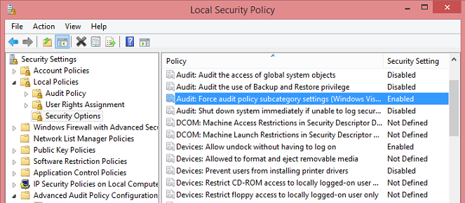 2. Windows server 2008 R2 Advanced Audit Obrázek 2.1: Local Security Policy Advanced Audit Policy Configuration sad auditu.
