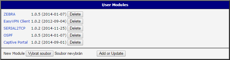 5. PŘIZPŮSOBENÍ 5. Přizpůsobení 5.1 Správa uživatelských modulů Konfiguraci uživatelských modulů lze vyvolat volbou položky User Modules.