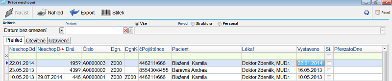 Záložka Pacienti Záložka Pacienti slouží k přehlednému zobrazení denních záznamů podle pacientů.