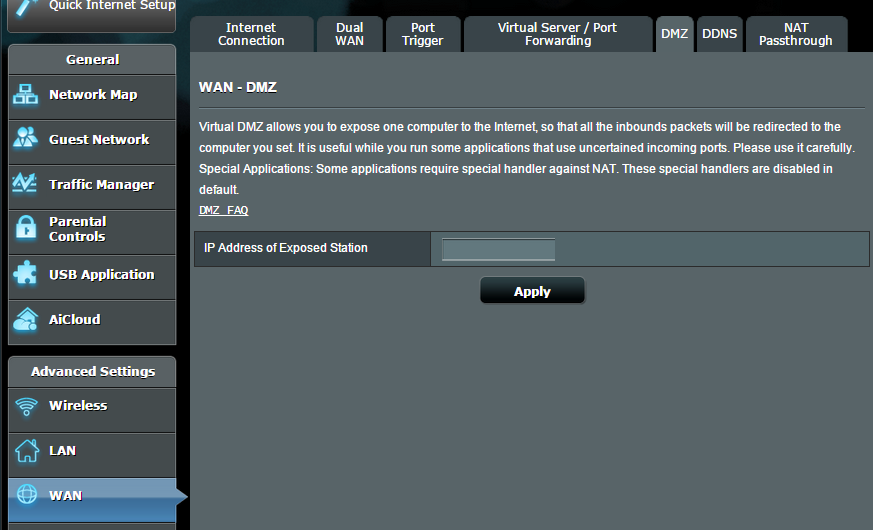 4.3.5 DMZ Virtuální DMZ vystavuje jednoho klienta na Internetu a umožňuje, aby tento klient přijímal veškeré příchozí pakety směrované do vaší místní sítě LAN.
