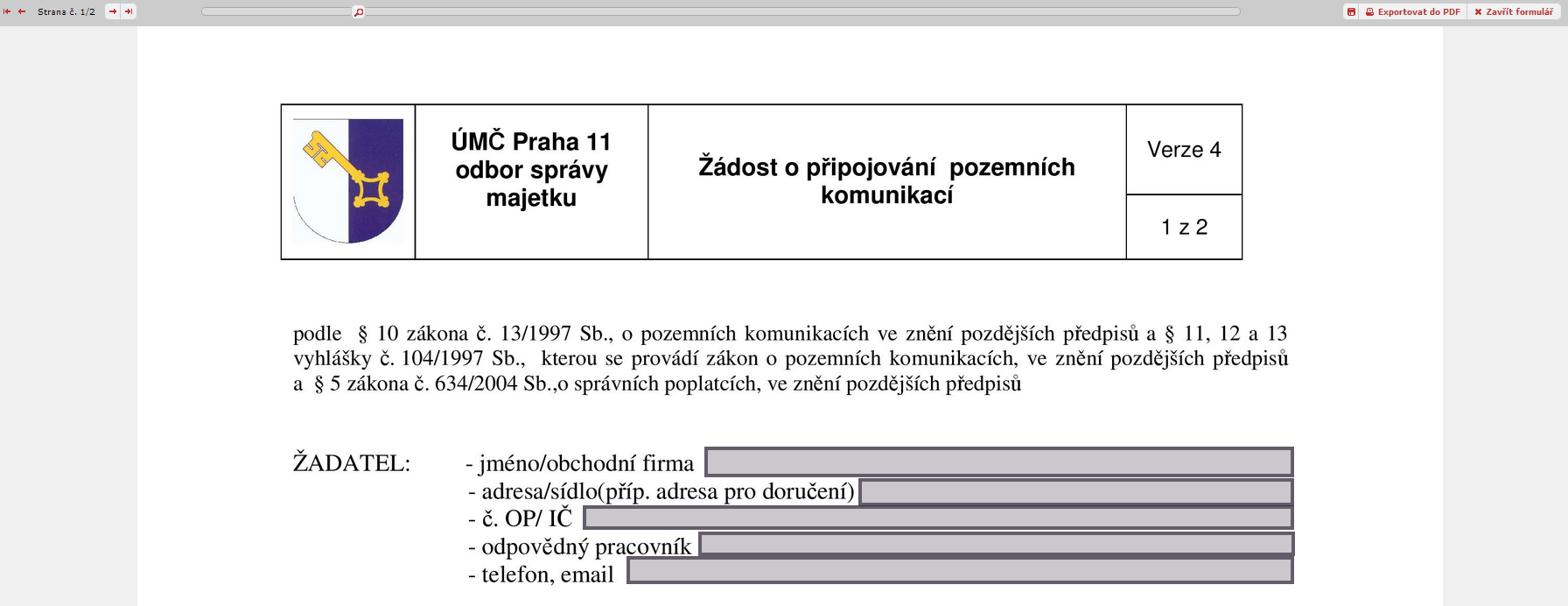 Vyplnění nového formuláře, jeho uložení a export do PDF Uložit